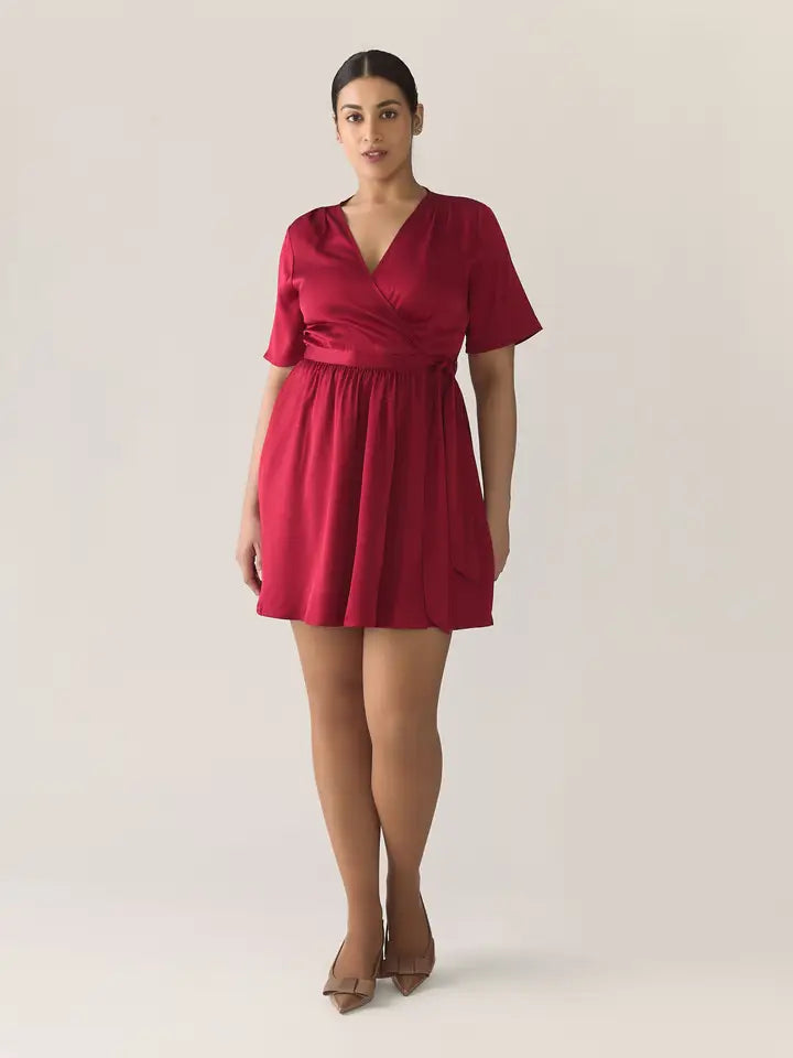 Wrap Satin Dress - Pomegranate