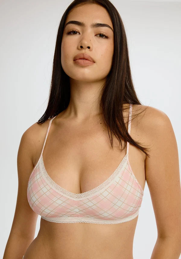 The Micro Lace Trim Bralette - Pink Plaid