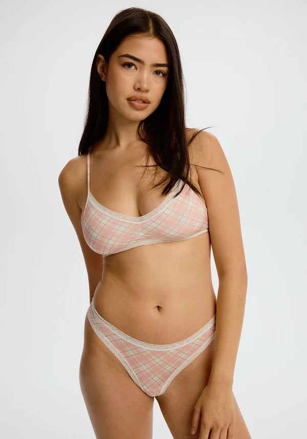 The Micro Lace Trim Bralette - Pink Plaid
