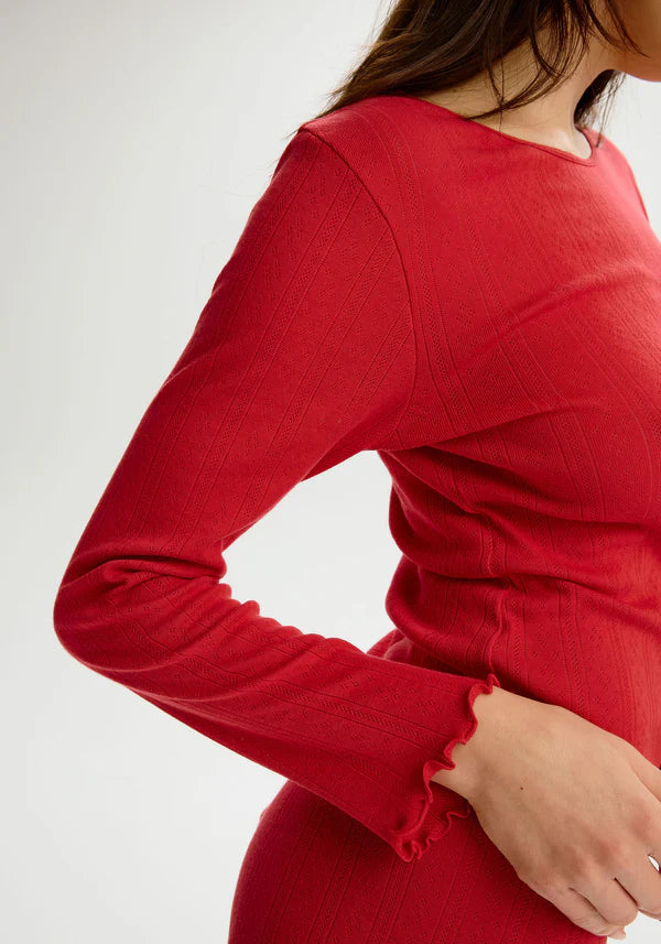 Dream Cotton Pointelle Long Sleeve Top - Red