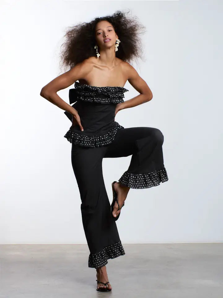 Wide Leg Pants With Polka Dot Ruffle Hem