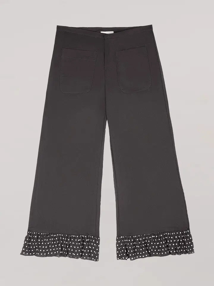 Wide Leg Pants With Polka Dot Ruffle Hem
