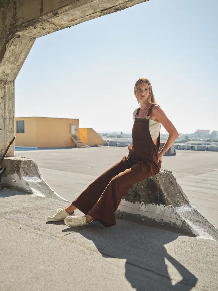 Classic Corduroy Wide Leg Overalls - Brown
