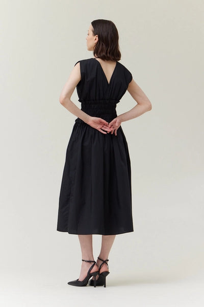 Smocked Waist Cotton Dress - Black