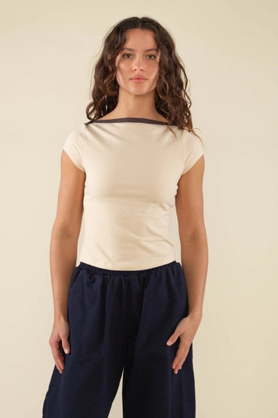 Brisa Contrast Boatneck Baby Tee - Natural/Brown