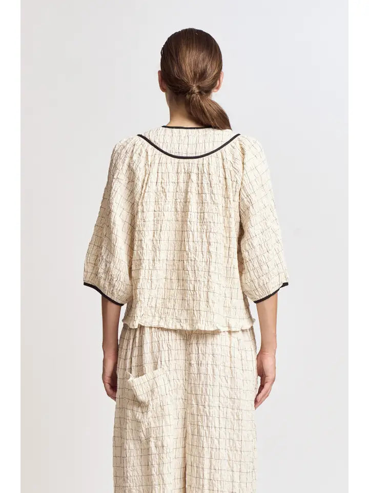 Twill Tape Detail Puff Sleeve Top
