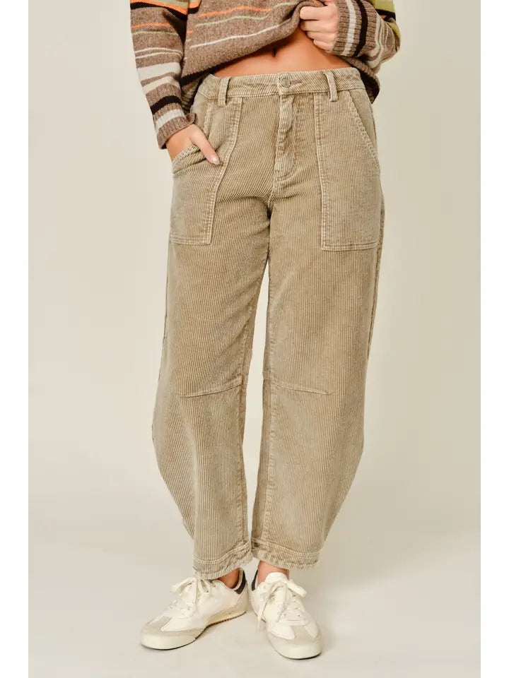 Corduroy Relaxed Fit Barrel Pants - Taupe