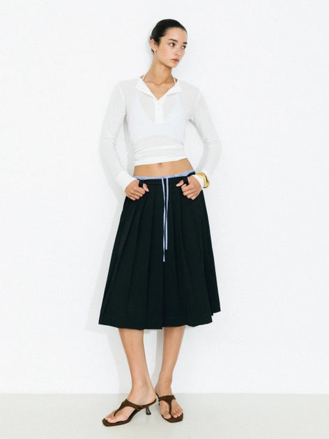 Double Waistband Contrast Pleated Skirt - Navy