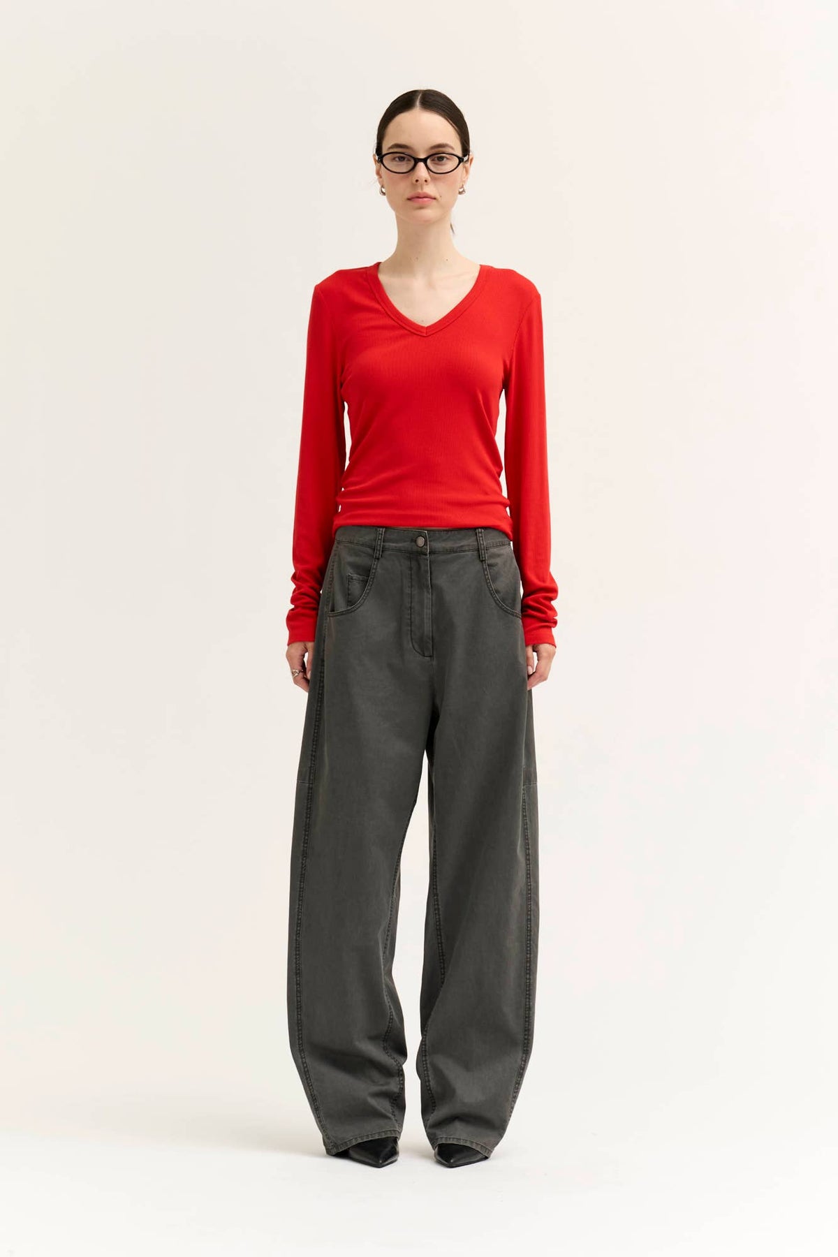 Rounded V-Neck Long Sleeve Tee - Bell Pepper