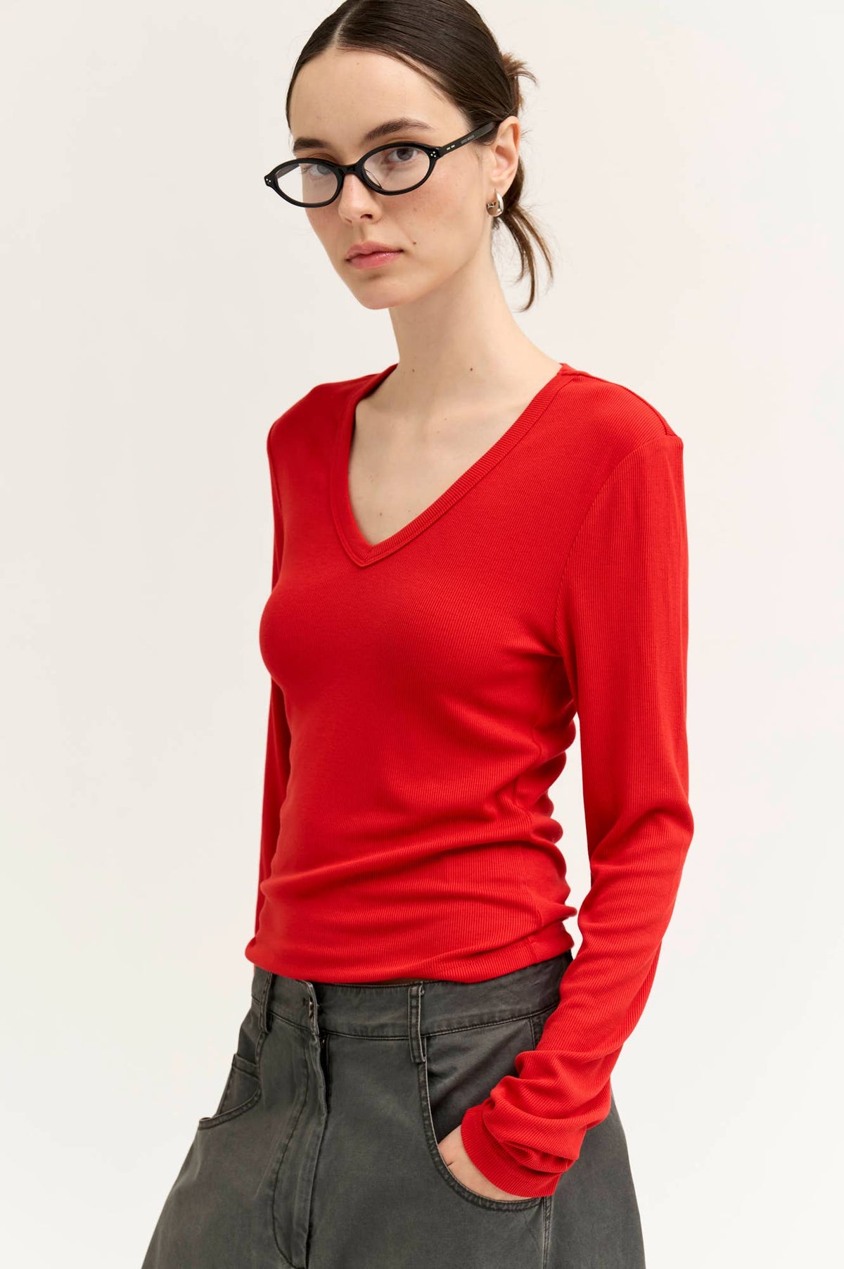 Rounded V-Neck Long Sleeve Tee - Bell Pepper