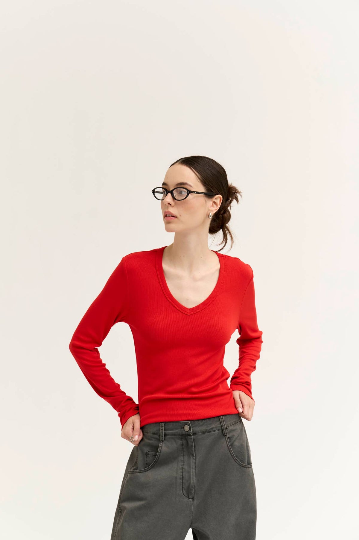 Rounded V-Neck Long Sleeve Tee - Bell Pepper