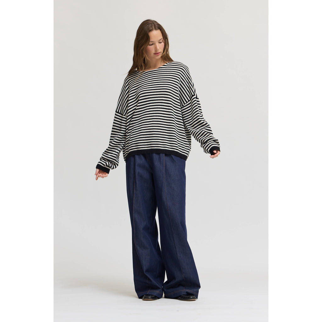 Loose Fit Cotton Sweater Top - Black/Ivory