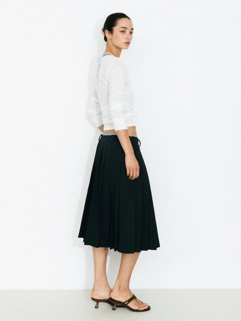 Double Waistband Contrast Pleated Skirt - Navy