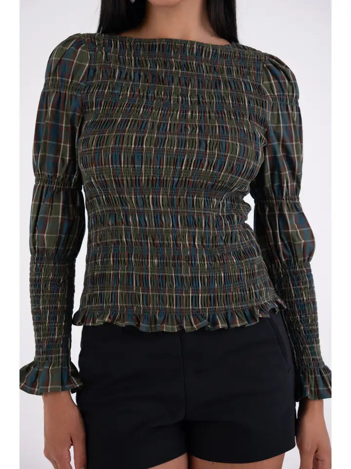 Iris Plaid Smocked Top