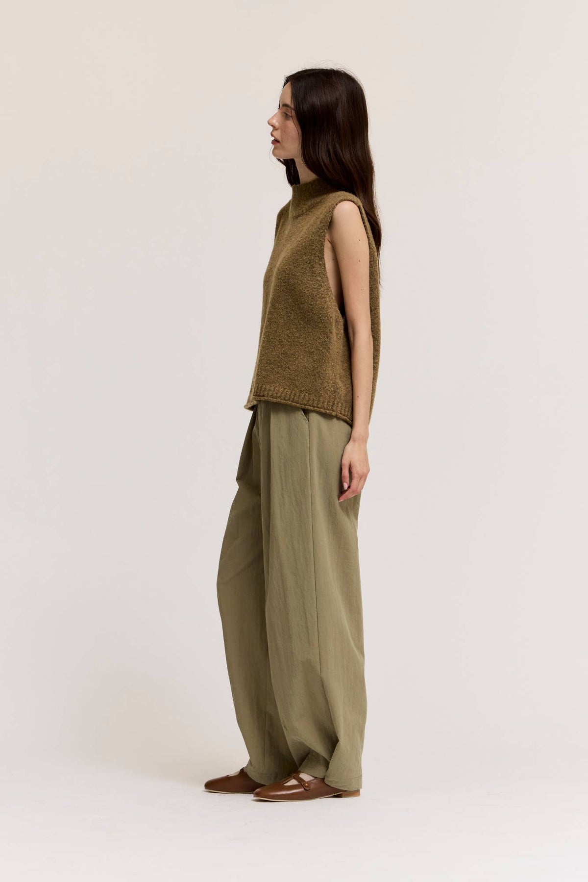 Button Detail Loose Fit Pants - Dry Herb