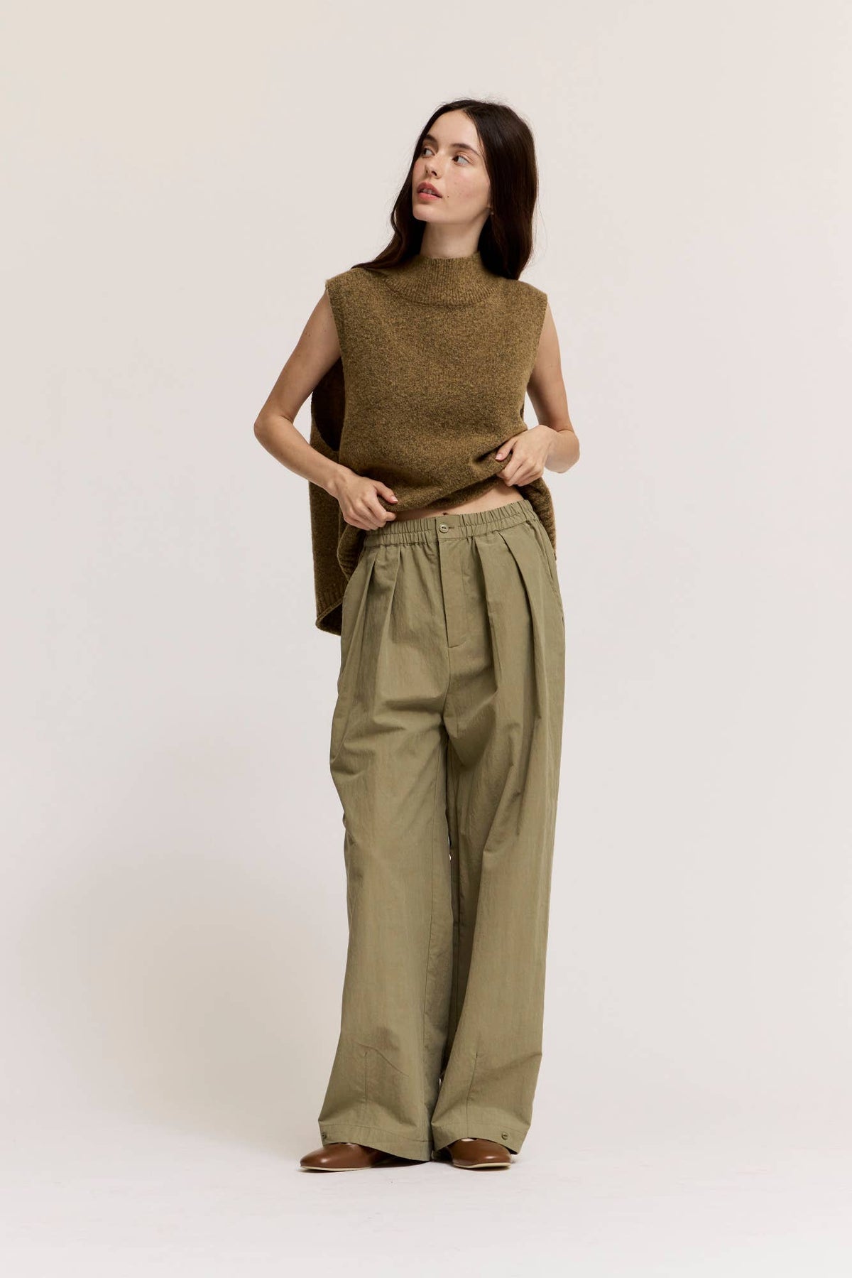 Button Detail Loose Fit Pants - Dry Herb