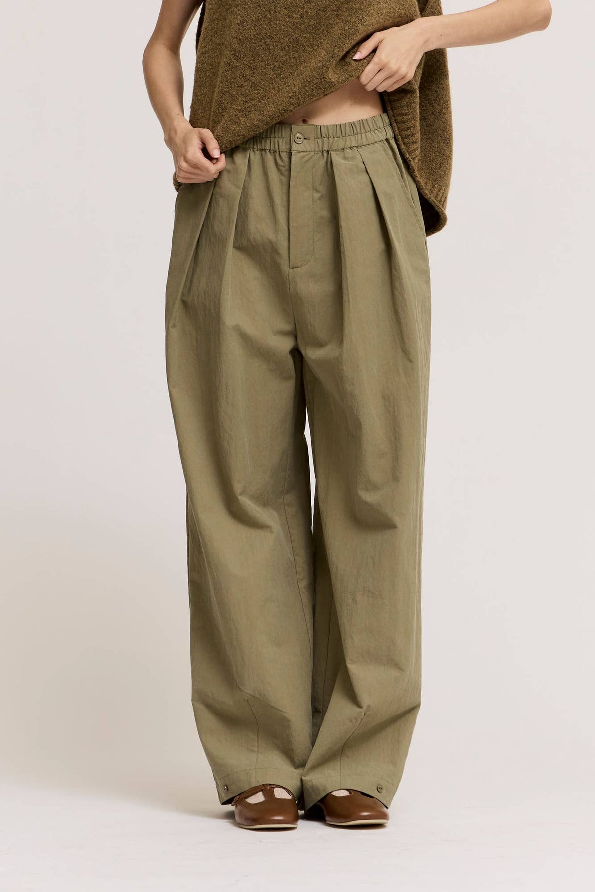 Button Detail Loose Fit Pants - Dry Herb