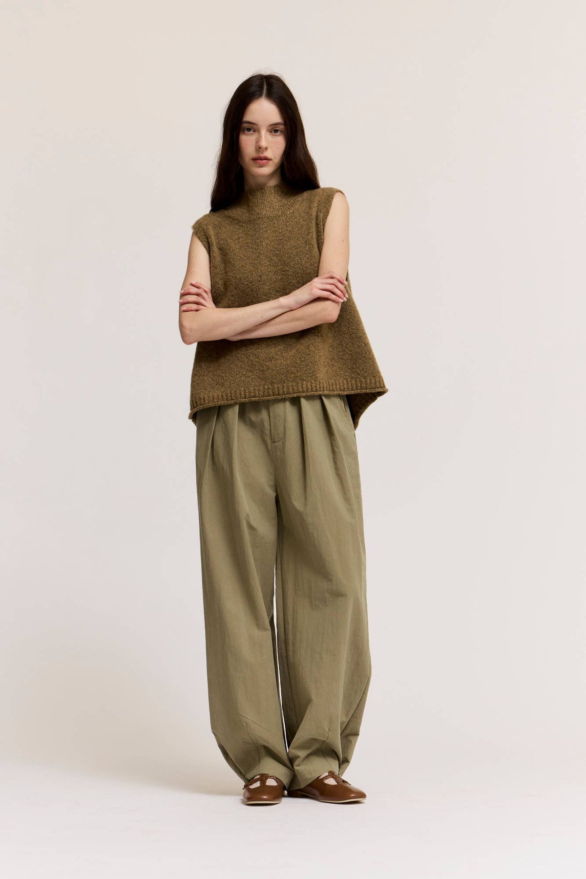 Button Detail Loose Fit Pants - Dry Herb