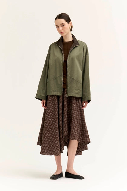 High Collar Corduroy Lining Zip Jacket - Moss Grain