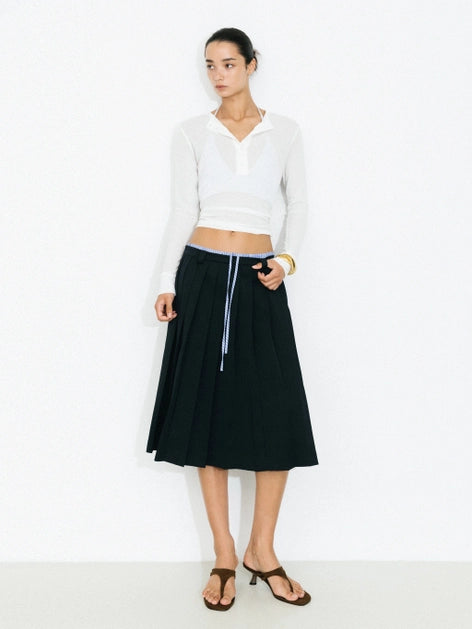 Double Waistband Contrast Pleated Skirt - Navy