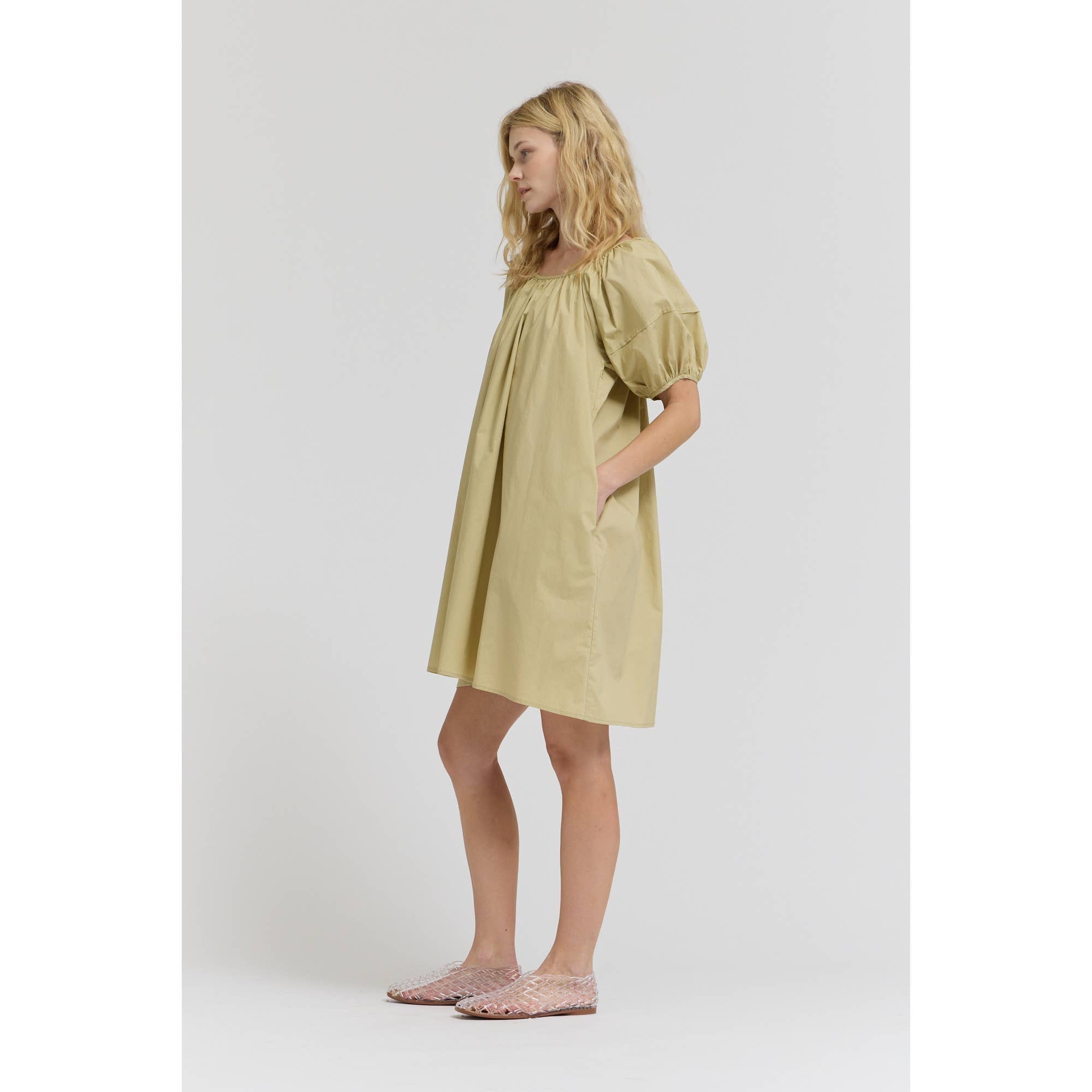 Puff Sleeves Tie Back Mini Dress - Dry Sage