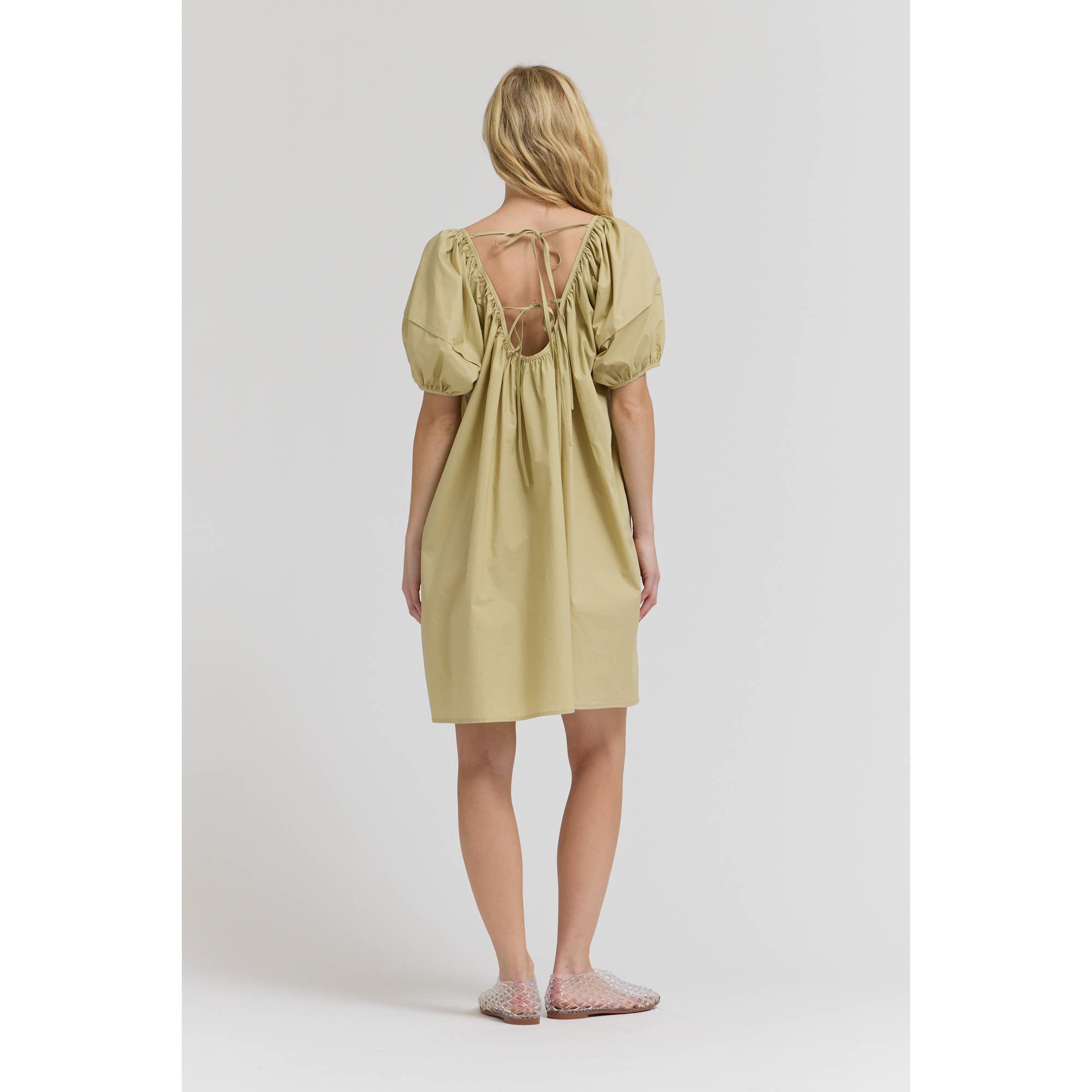 Puff Sleeves Tie Back Mini Dress - Dry Sage