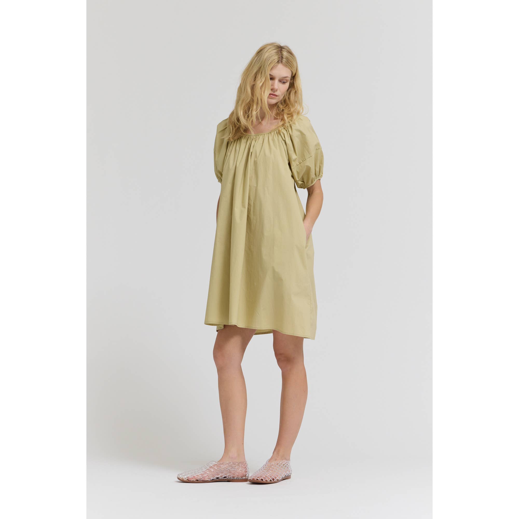Puff Sleeves Tie Back Mini Dress - Dry Sage