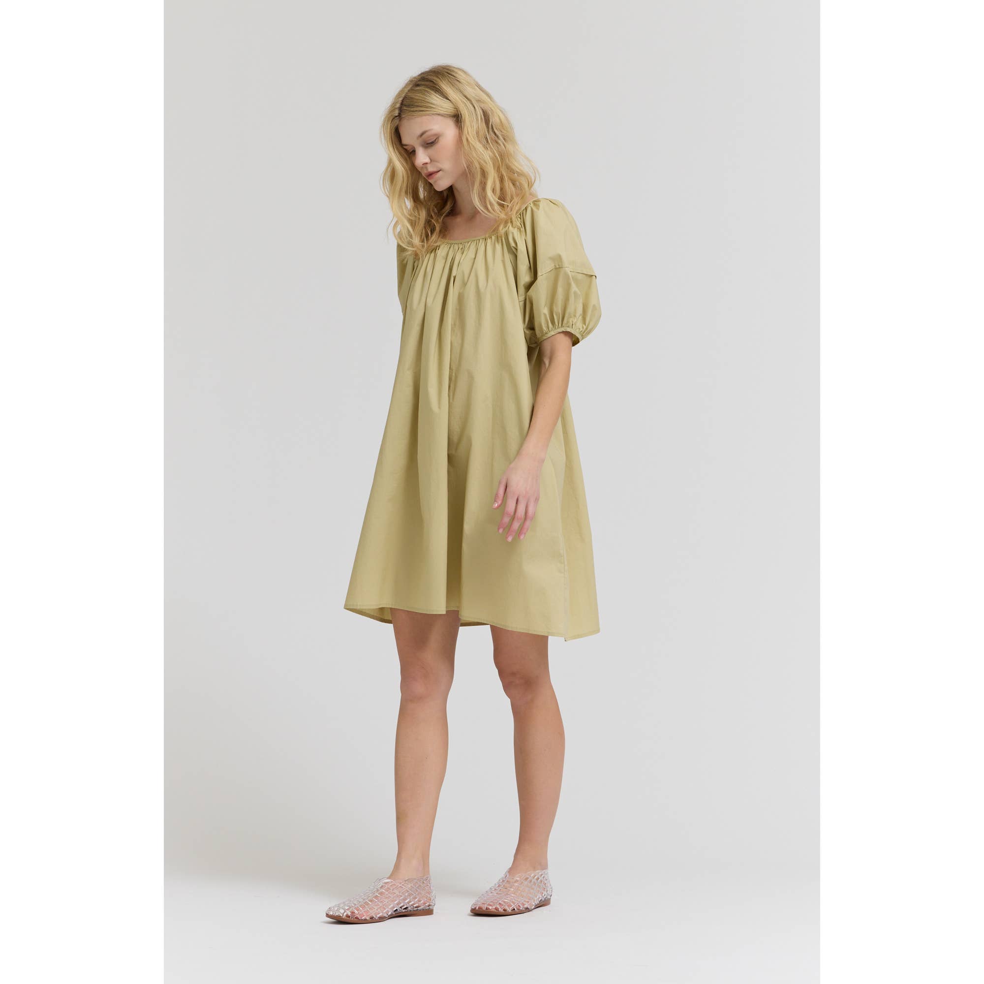 Puff Sleeves Tie Back Mini Dress - Dry Sage