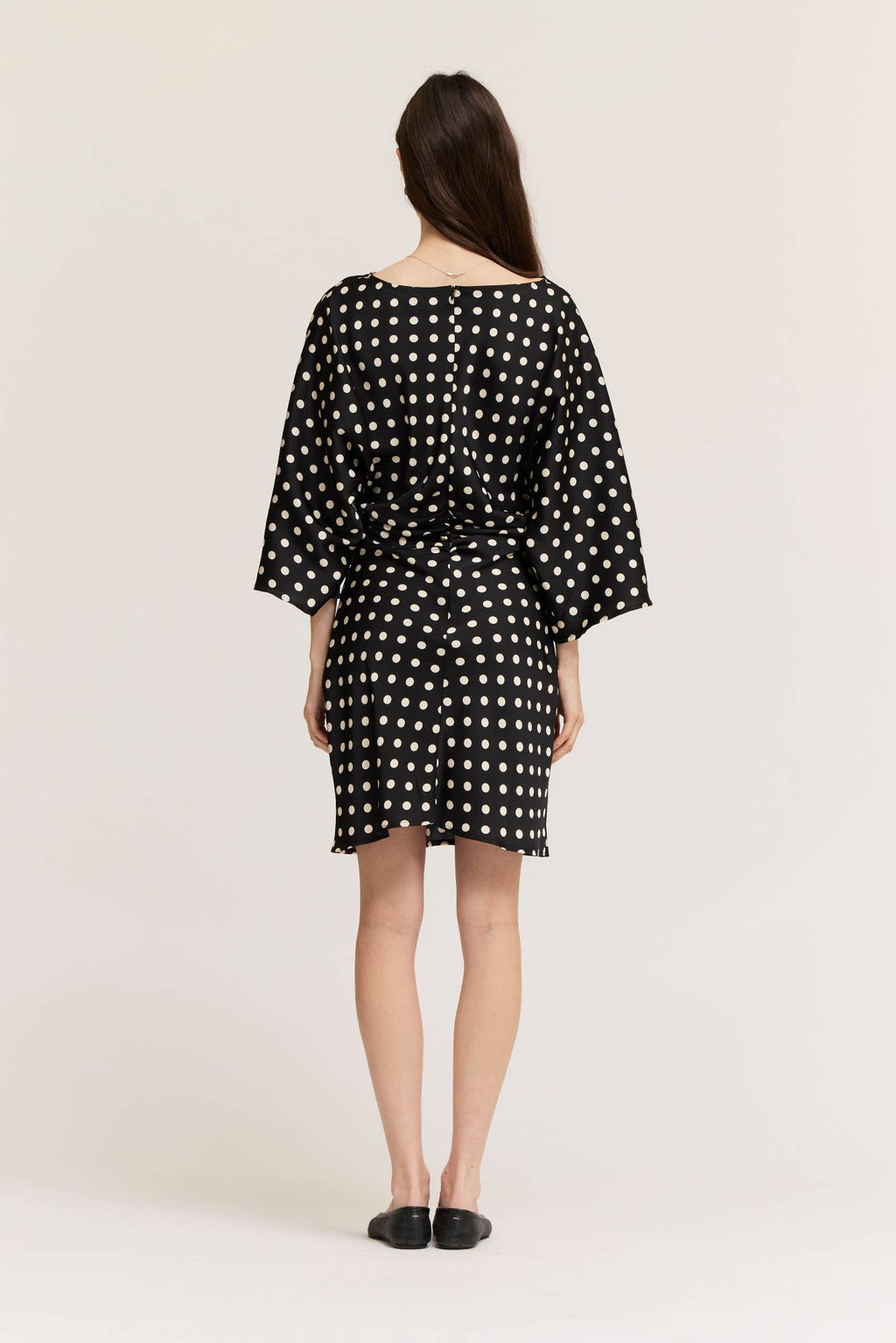 Ruched Waist Polka Dot Mini Dress - Black/Ivory