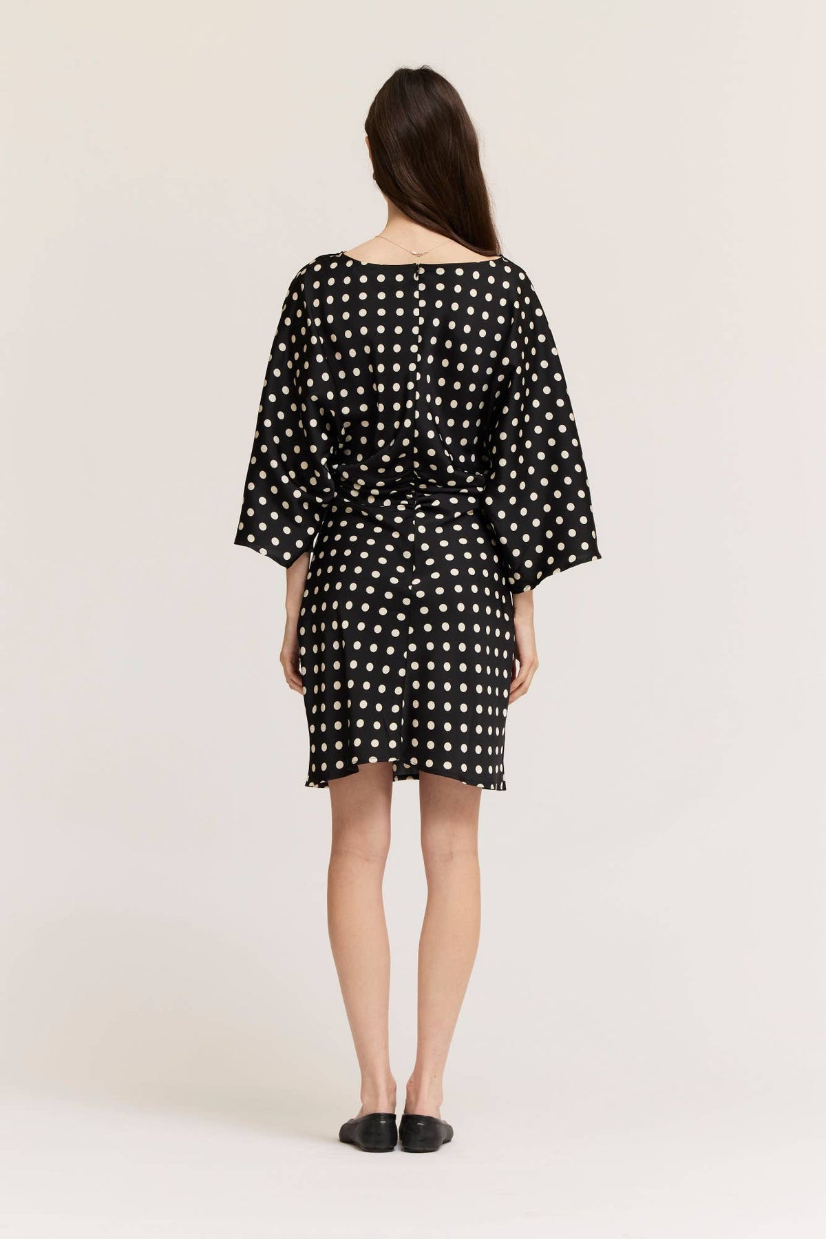 Ruched Waist Polka Dot Mini Dress - Black/Ivory