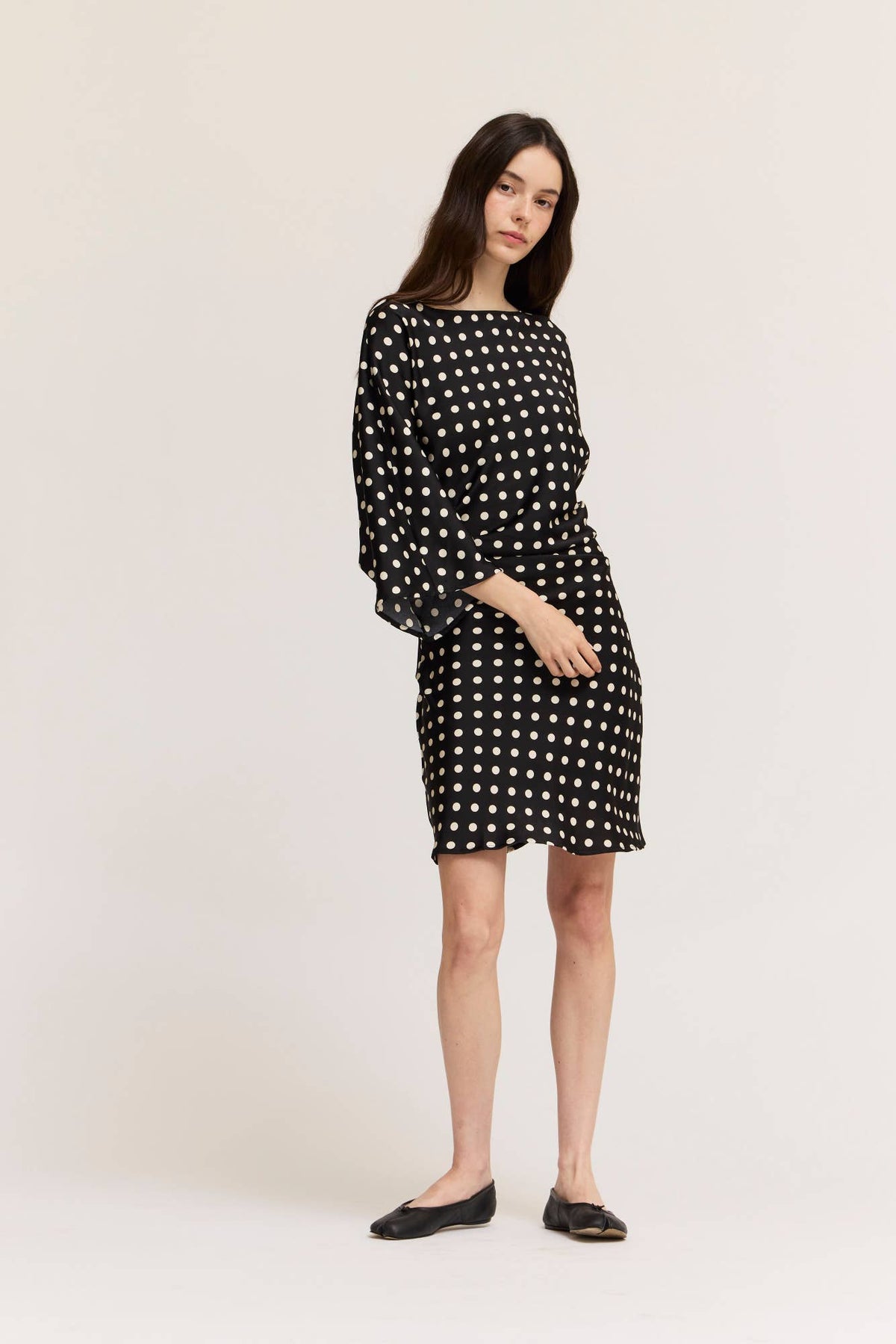 Ruched Waist Polka Dot Mini Dress - Black/Ivory