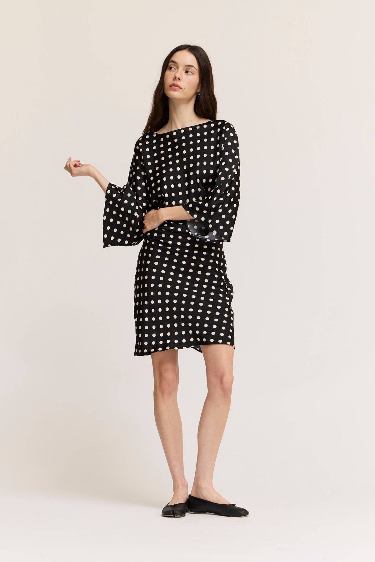 Ruched Waist Polka Dot Mini Dress - Black/Ivory