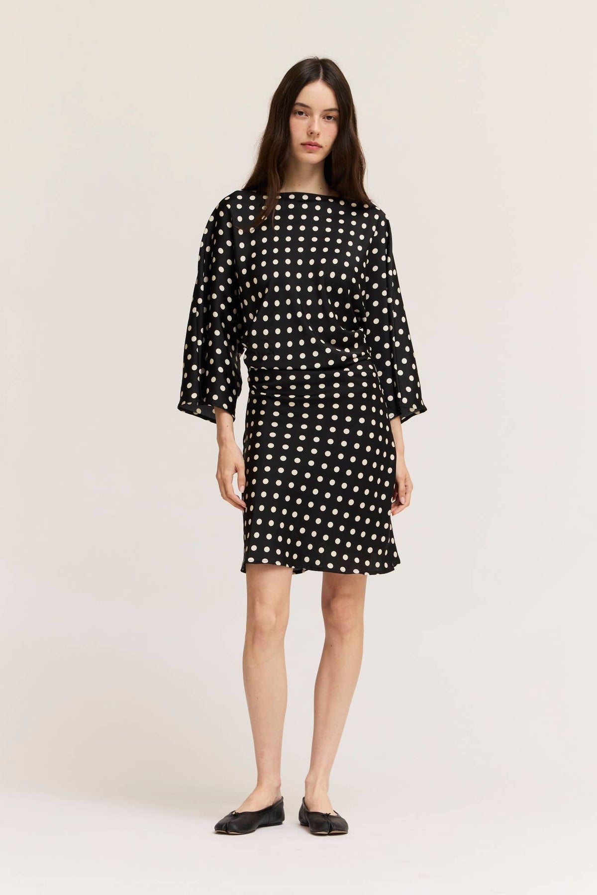 Ruched Waist Polka Dot Mini Dress - Black/Ivory