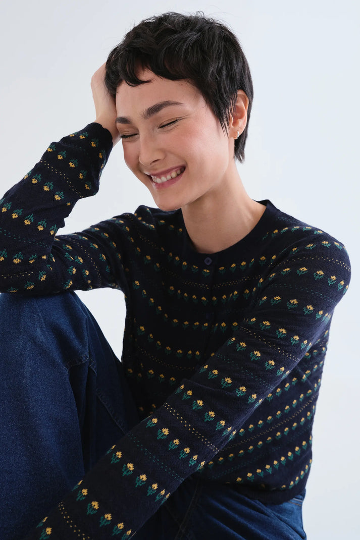 Navy Cardigan With Embroidered Flowers