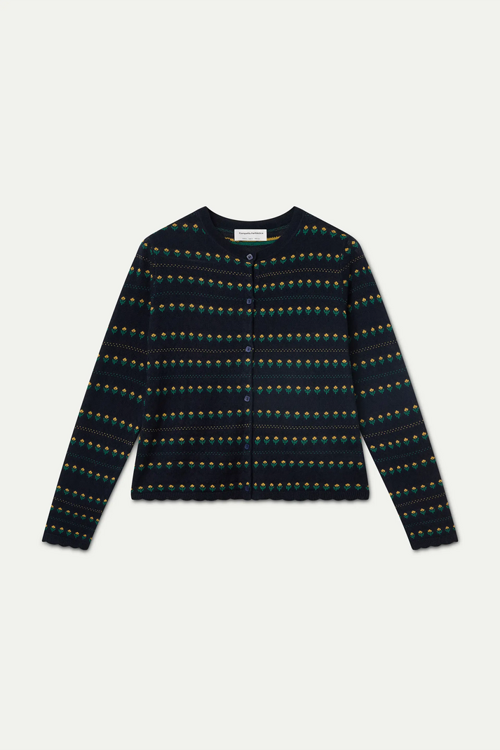 Navy Cardigan With Embroidered Flowers