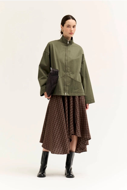High Collar Corduroy Lining Zip Jacket - Moss Grain
