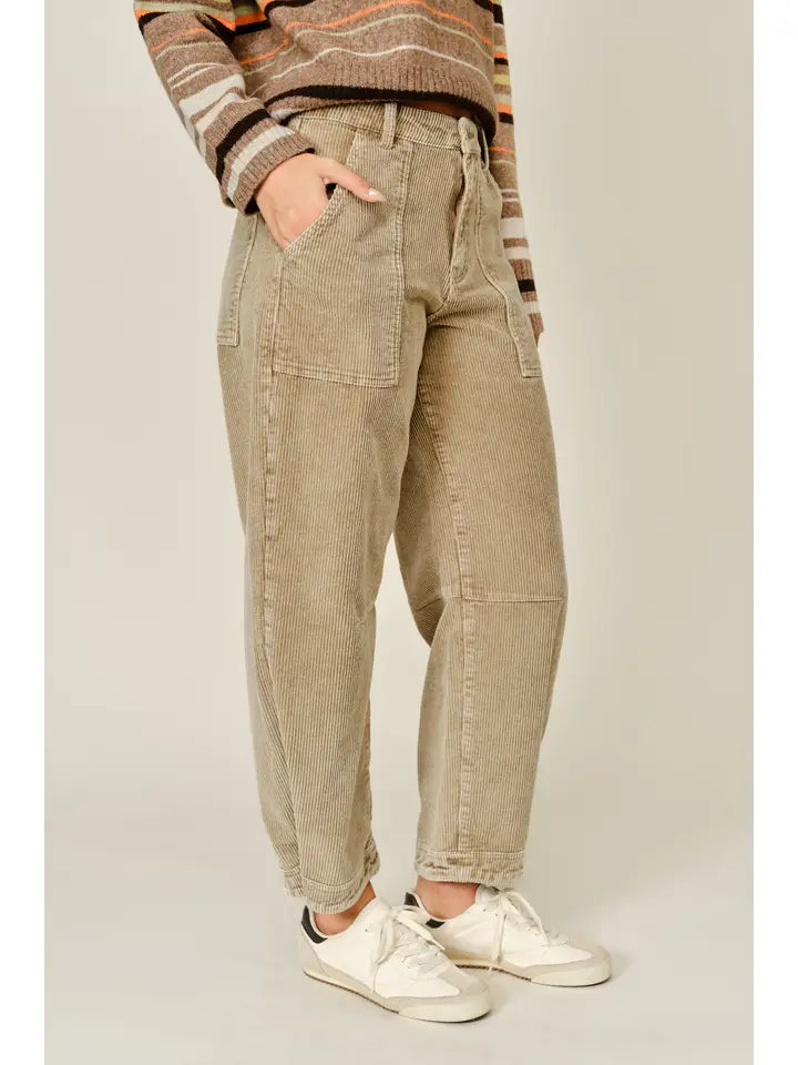 Corduroy Relaxed Fit Barrel Pants - Taupe
