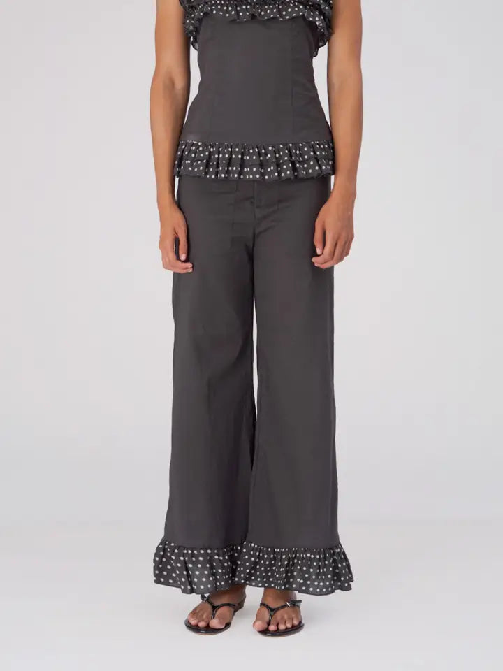 Wide Leg Pants With Polka Dot Ruffle Hem