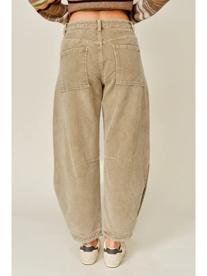 Corduroy Relaxed Fit Barrel Pants - Taupe