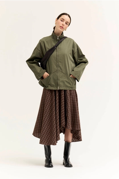 High Collar Corduroy Lining Zip Jacket - Moss Grain