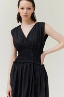 Smocked Waist Cotton Dress - Black
