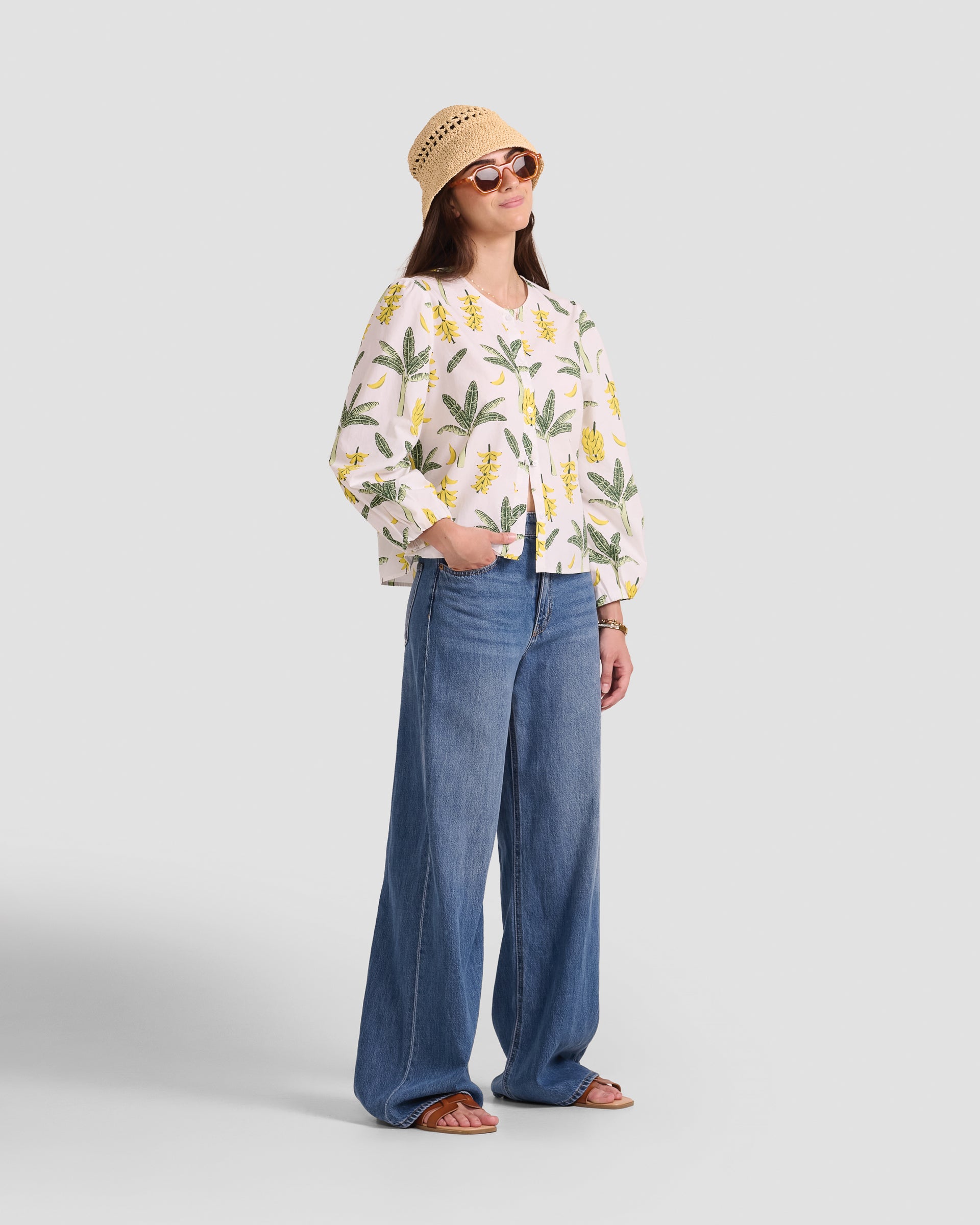 Puff Sleeve Blouse With Hand-Drawn Banana Leaf Print