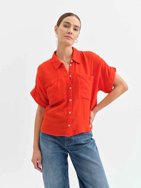 Kate Button Up Top - Bright Coral