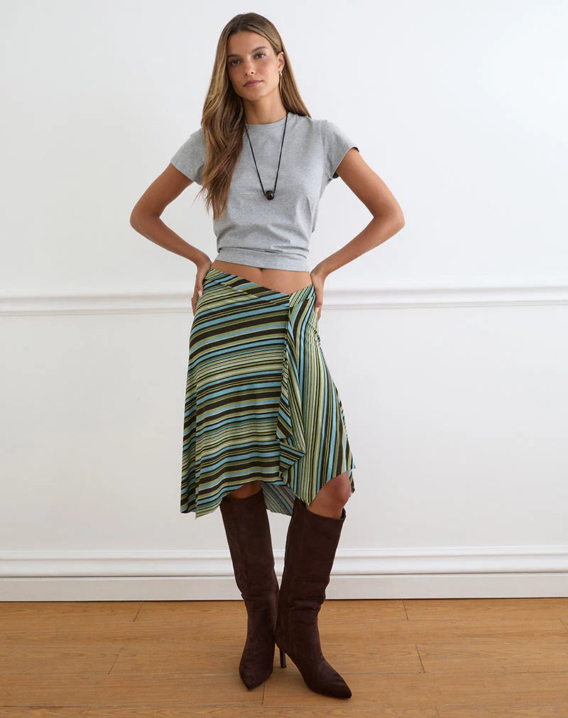 Esmeray Midi Skirt - Mixed Stripe Green