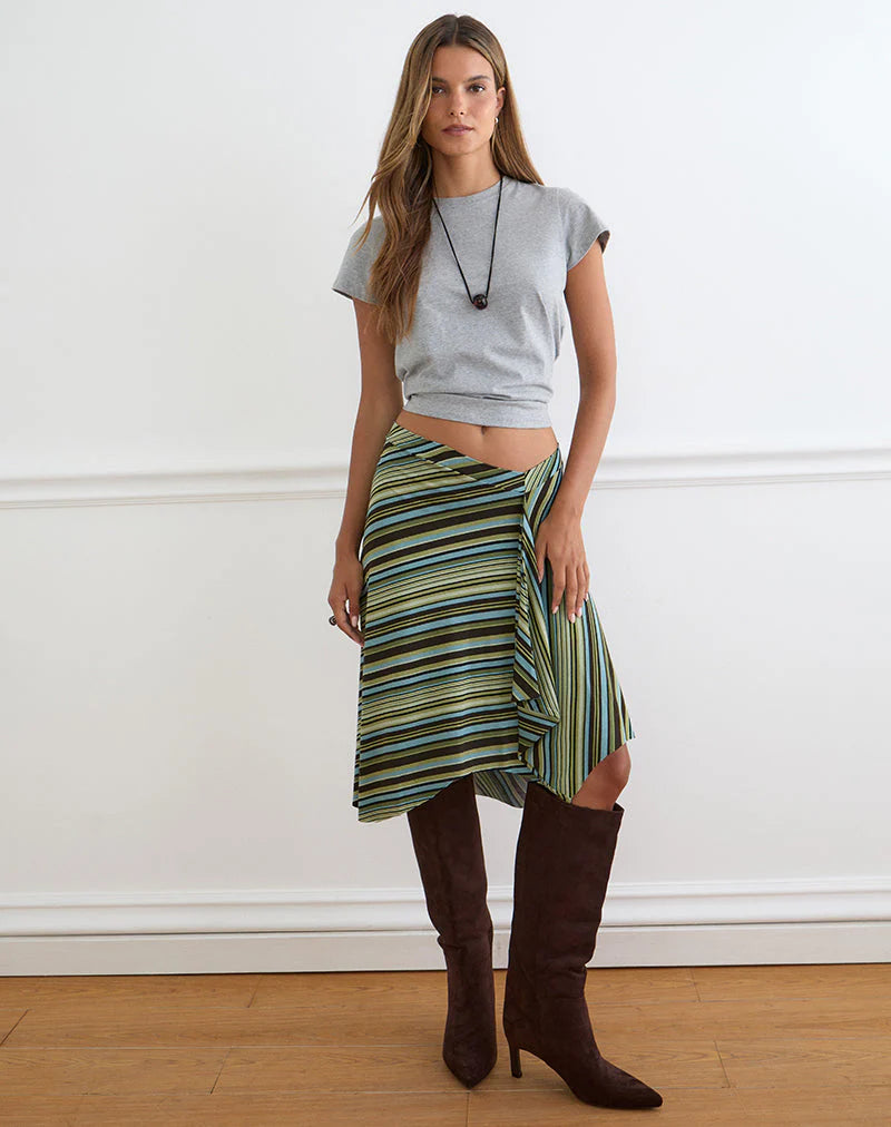 Esmeray Midi Skirt - Mixed Stripe Green