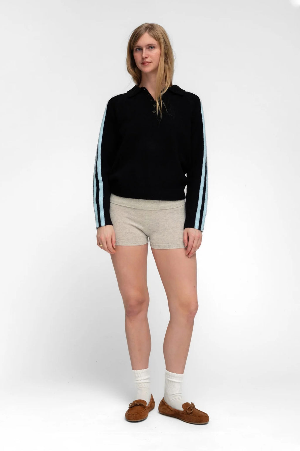 Raglan Stripe Knit Polo - Espresso & Powder Blue