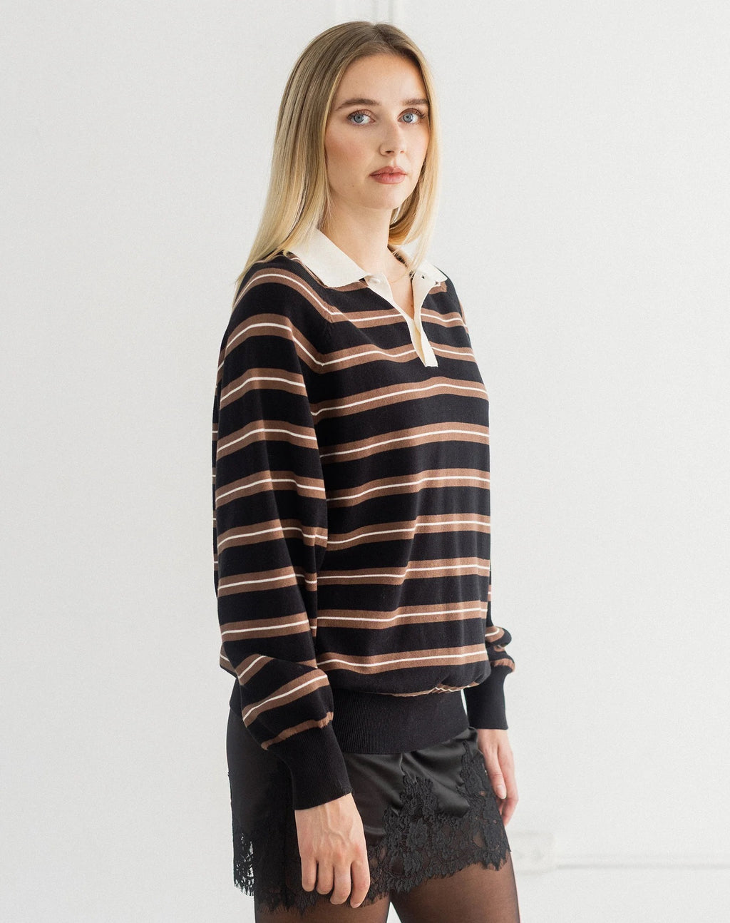 Oversized Knit Polo - Black/Taupe