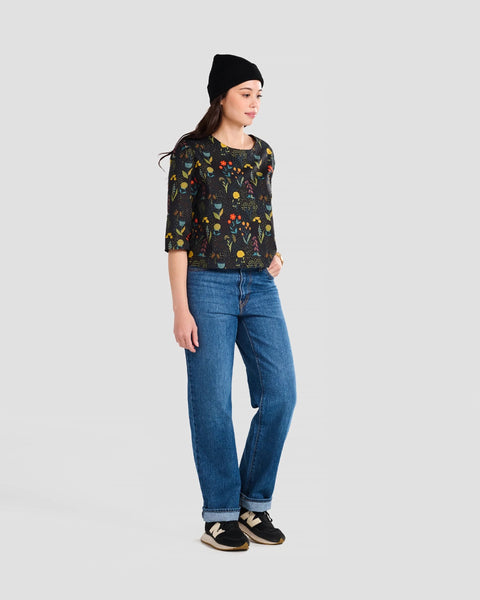 Rainy Field Black Print 3/4 Sleeve Pull-over Blouse