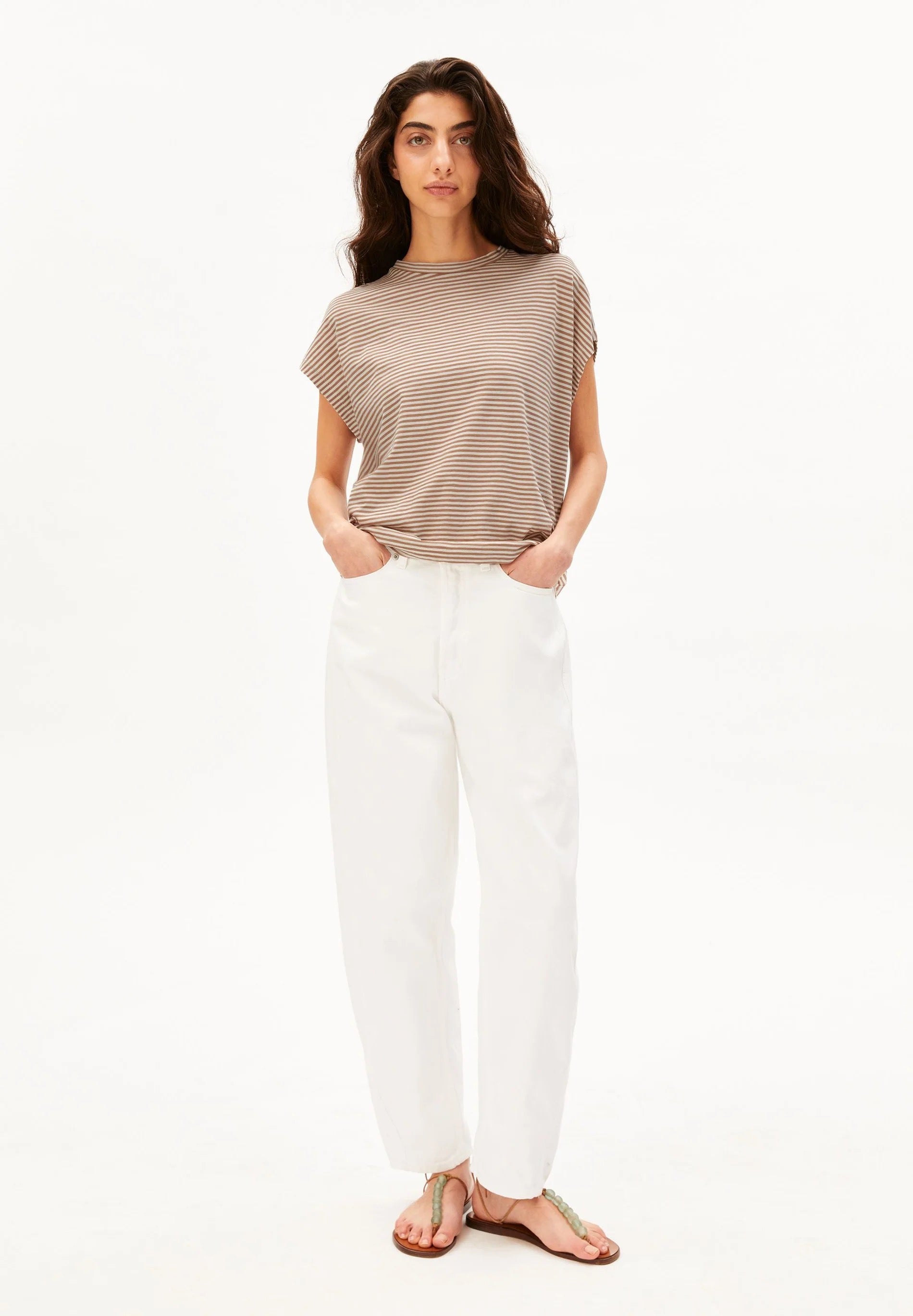 Slub Jersey Striped T Shirt - Oatmilk/ Cinnamon Dust