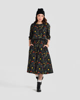Rainy Field Black Print 3/4 Sleeve Pull-over Blouse